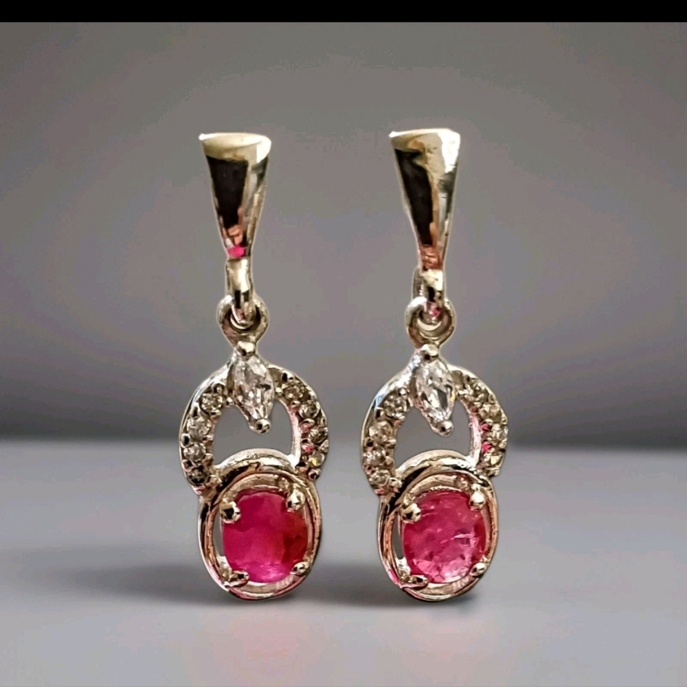 New Sterling Silver Ruby & CZ Dangle Drop 1" Long Earrings